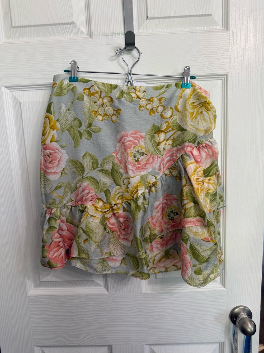 Express Floral Wrap Skirt 14 blue Gray Pink Rose Ruffle Cottagecore Romantic